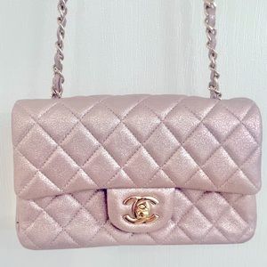 Chanel Metallic Pink Quilted Calfskin Mini Rectangular Classic Single Flap Gold